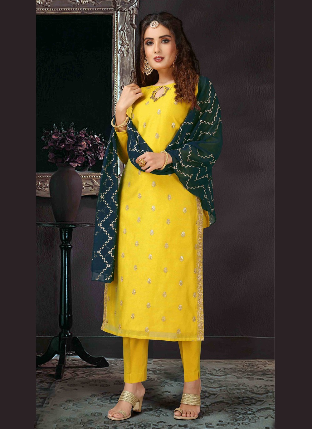 Womens Yellow Anarkali suit set with Pants  Dupatta by Pomcha Jaipur   Trendia