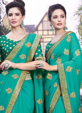 Art Silk Zari Turquoise Classic Saree