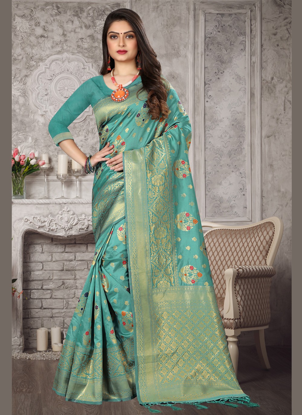 Buy Online Banarasi Silk Bollywood Saree in Aqua Blue : 168711