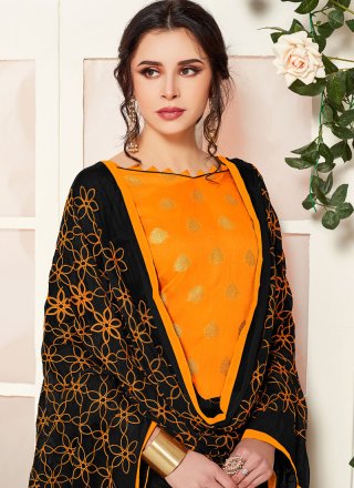 Banarasi Silk Orange Embroidered Churidar Designer Suit