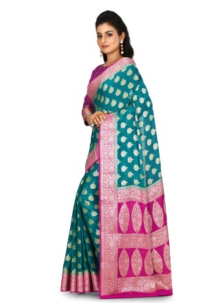 Banarasi Silk Teal Weaving Contemporary Saree