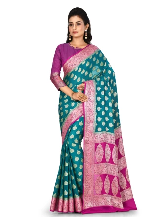 Banarasi Silk Teal Weaving Contemporary Saree