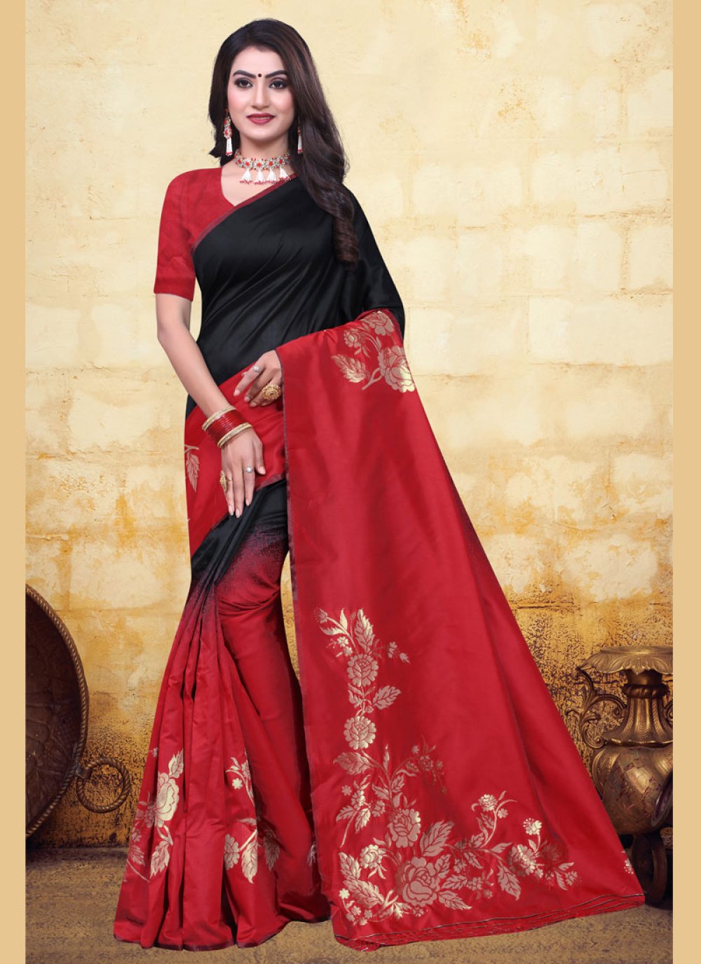 red and black designer saree