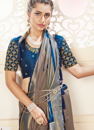Beige and Blue Silk Reception Traditional Saree