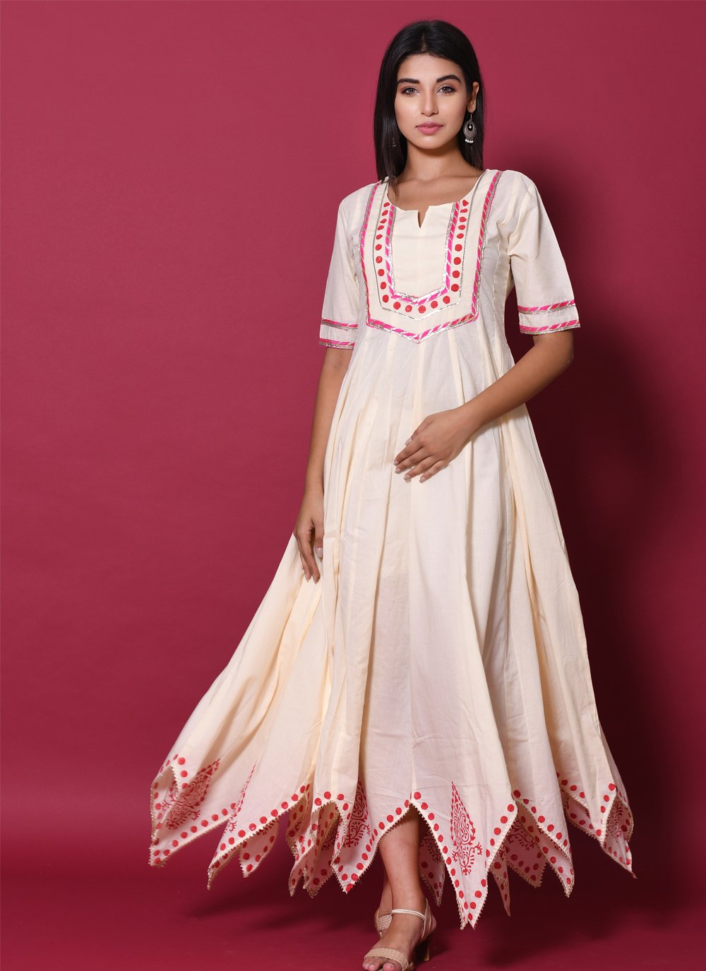 Beige Block Print Readymade Gown