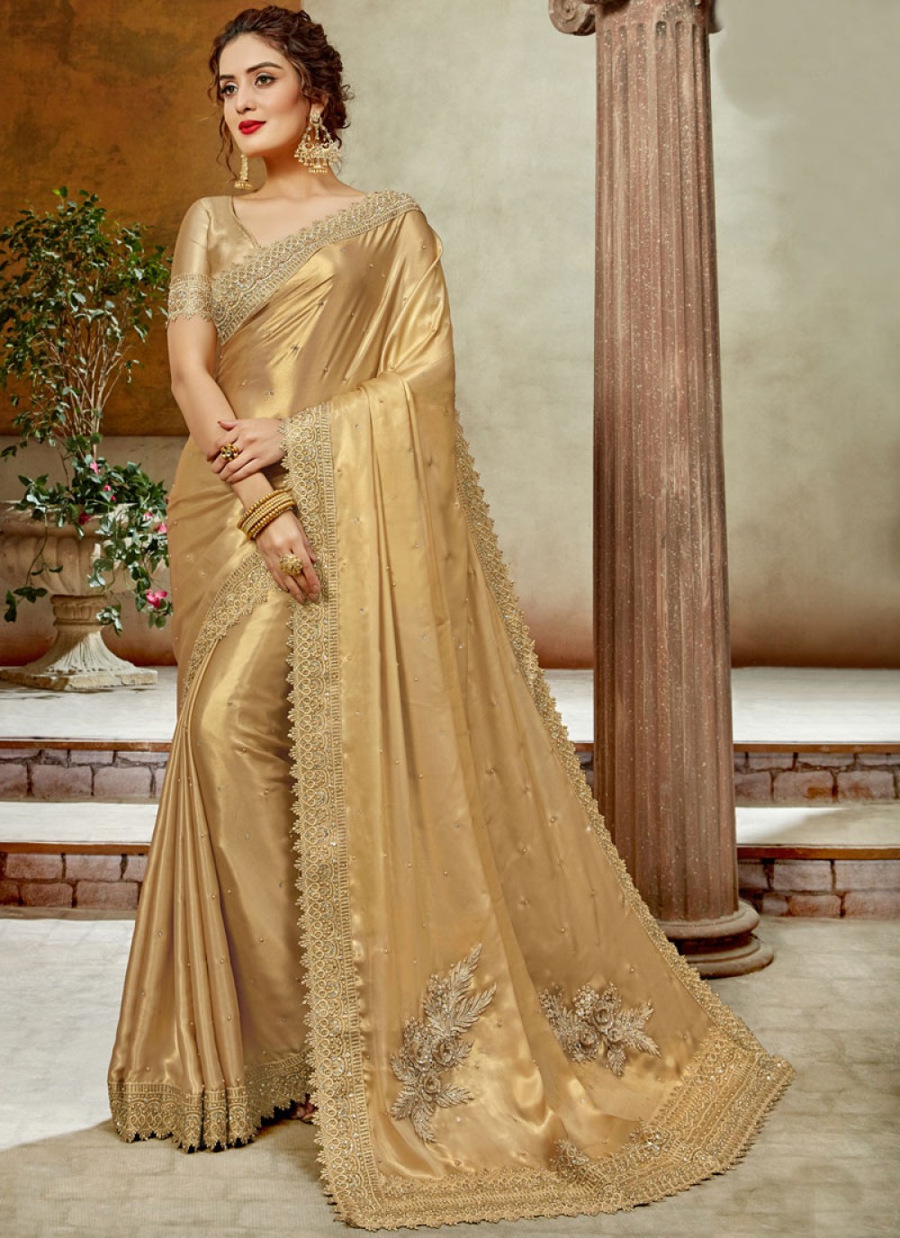 beige satin silk embroidered silk saree 144299