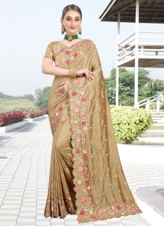 Beige Silk Embroidered Designer Bollywood Saree