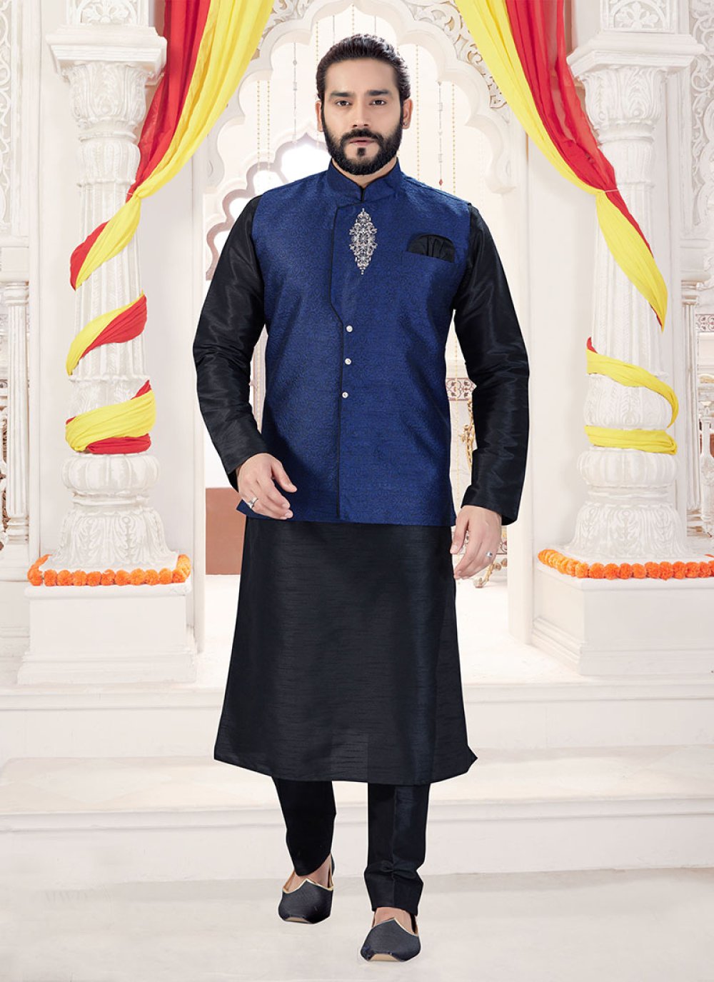 Shop Online Black and Blue Reception Kurta Payjama With Jacket