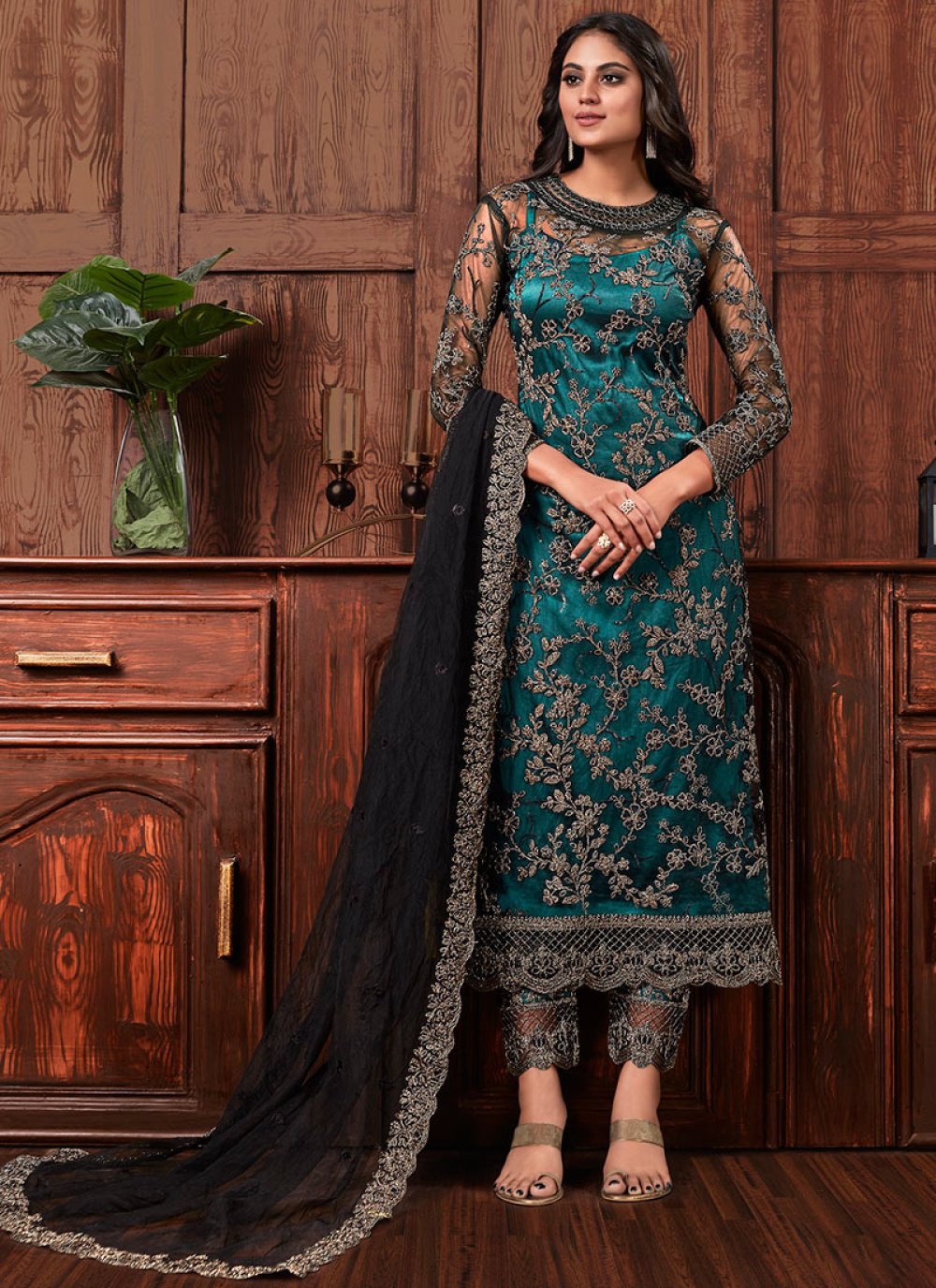 Buy Black and Green Ceremonial Net Salwar Suit : 156182