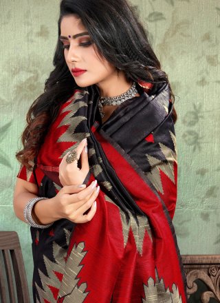 Black and Red Weaving Handloom Cotton Half N Half  Saree