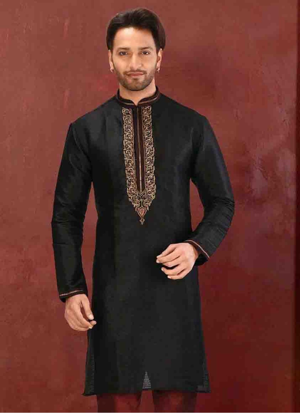 Shop Black Embroidered Art Dupion Silk Kurta Pajama Online 169394