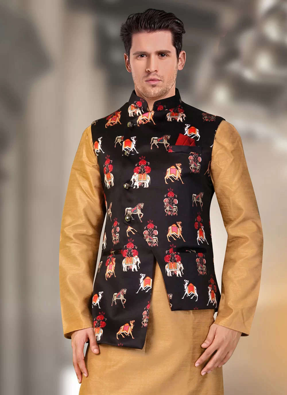 Black Satin Machine Embroidery Nehru Jackets buy online