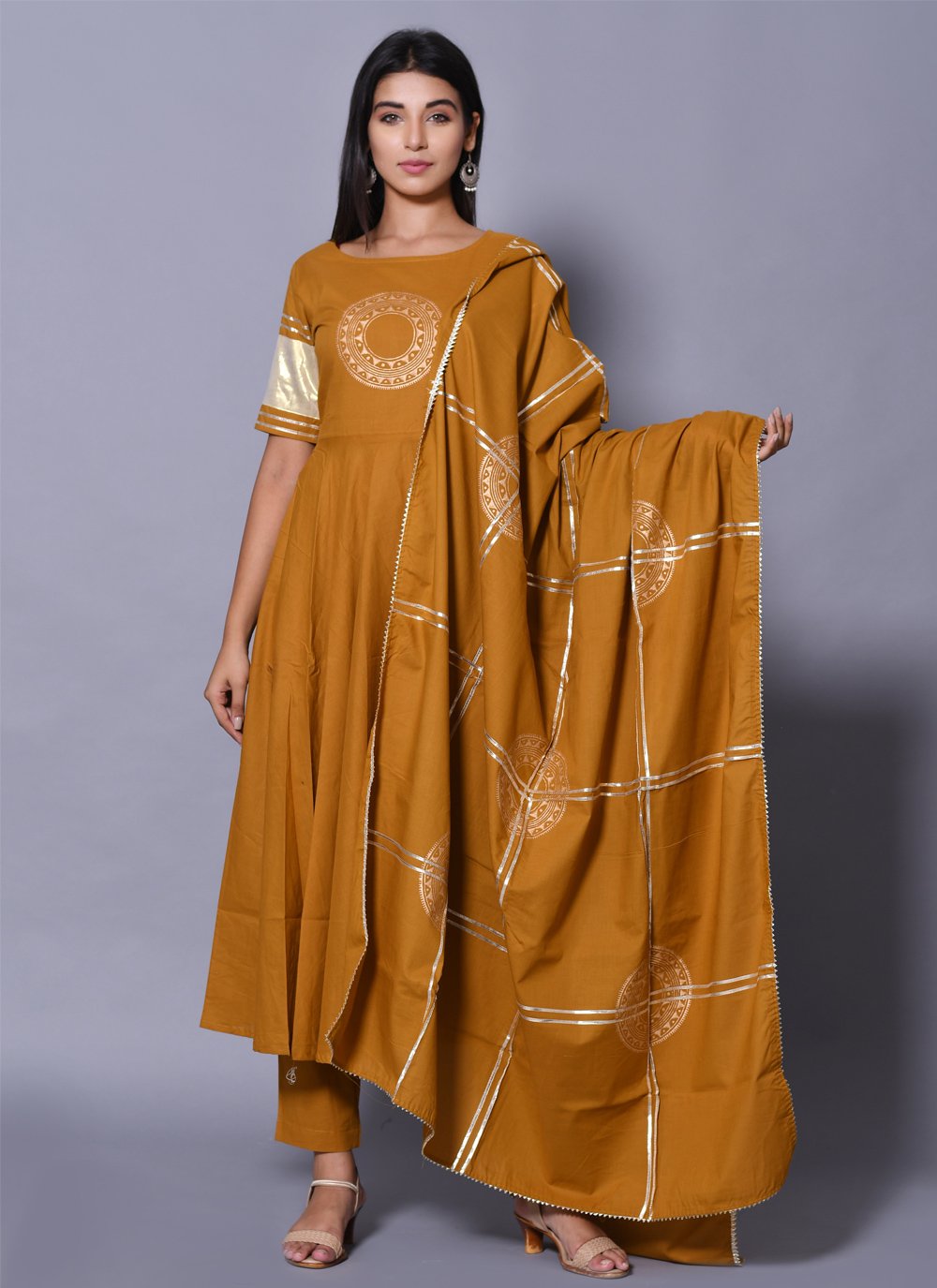 Block Print Cotton Salwar Suit in Mustard