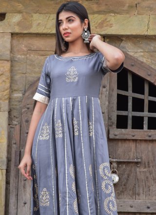 Block Print Jamawar Silk Designer Gown in Grey