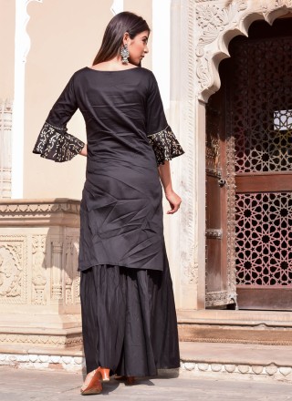 Block Print Jamawar Silk Designer Kurti in Black