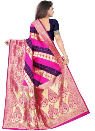 Blue and Hot Pink Weaving Art Silk Designer Half N Half Saree