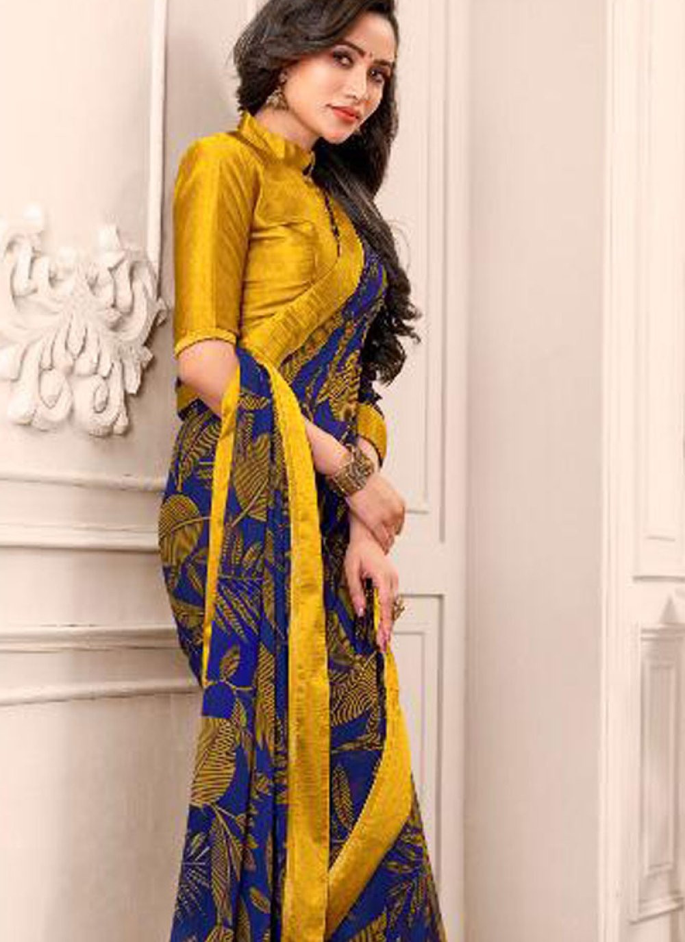 Buy Blue and Mustard Color Saree Online