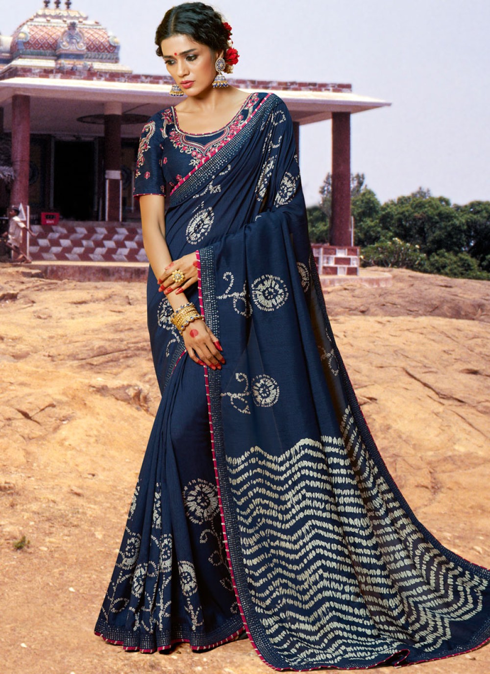 Chiffon Printed Bandhani Saree In Blue Colour