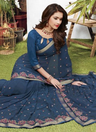 Blue Embroidered Georgette Trendy Saree