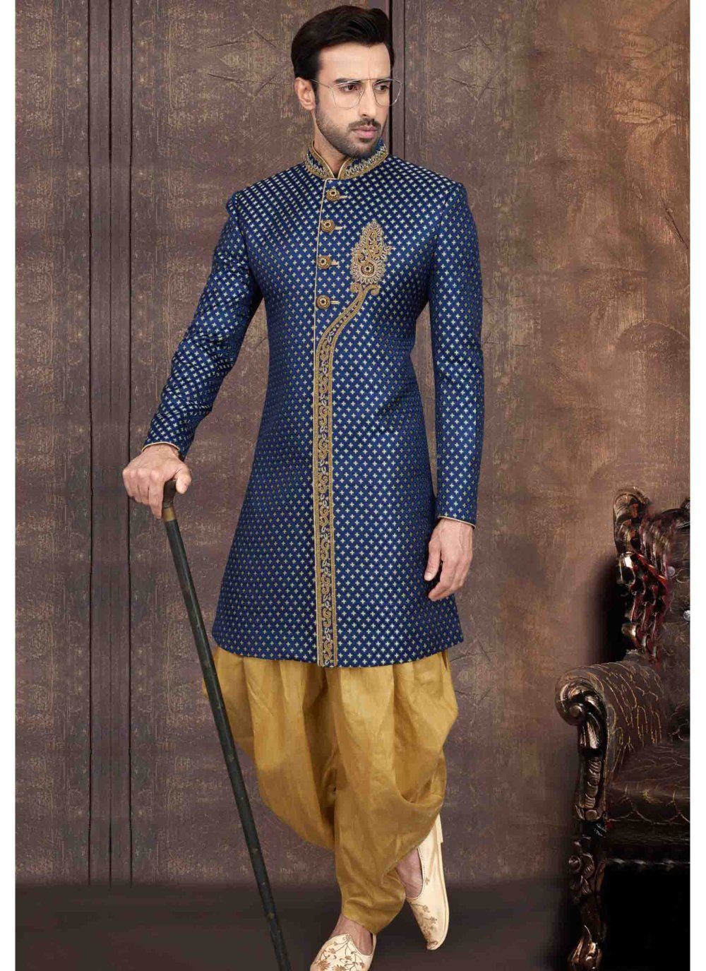Buy Online Blue Jacquard Dhoti Kurta 163070 Mens