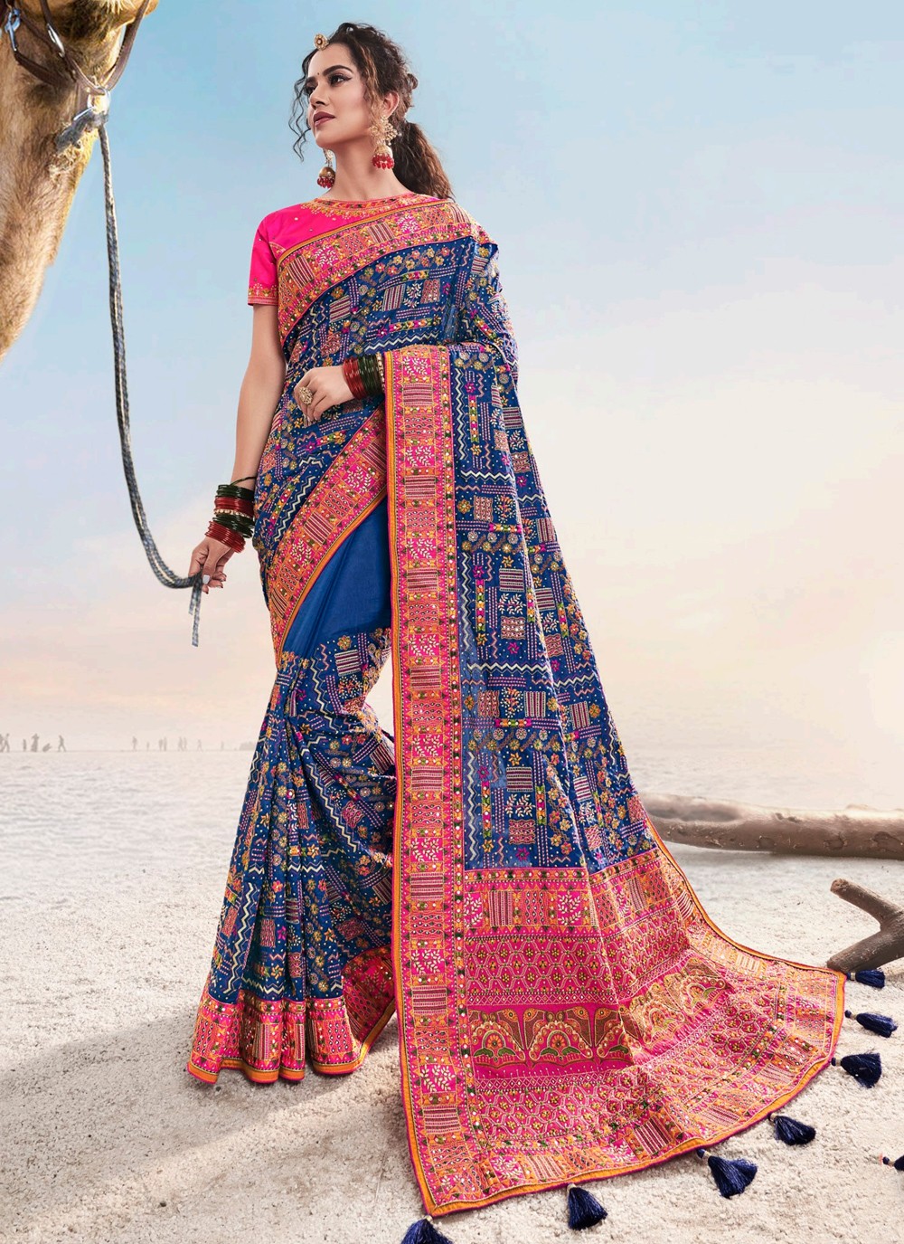 Blue and Red Embroidered Saree Indian Pakistani Ethnic Wedding Designer Sari