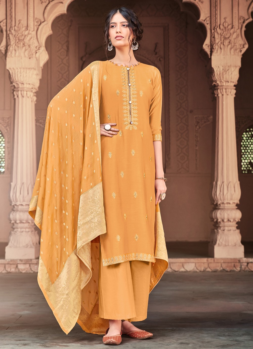 Shop Bollywood Salwar Kameez Embroidered Viscose In Mustard Online 169398