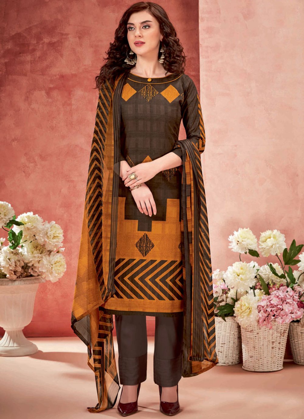 Brown Cotton Digital Print Salwar Suit buy online