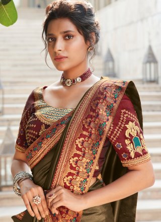 Brown Lace Silk Traditional Saree