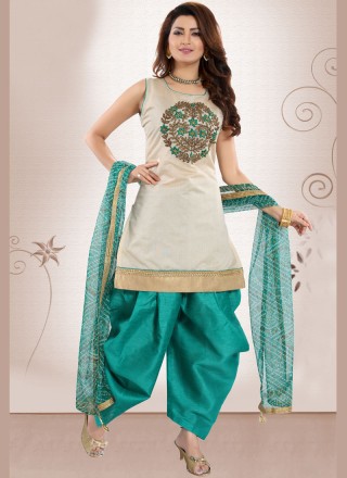 Chanderi Embroidered Green Designer Patiala Suit