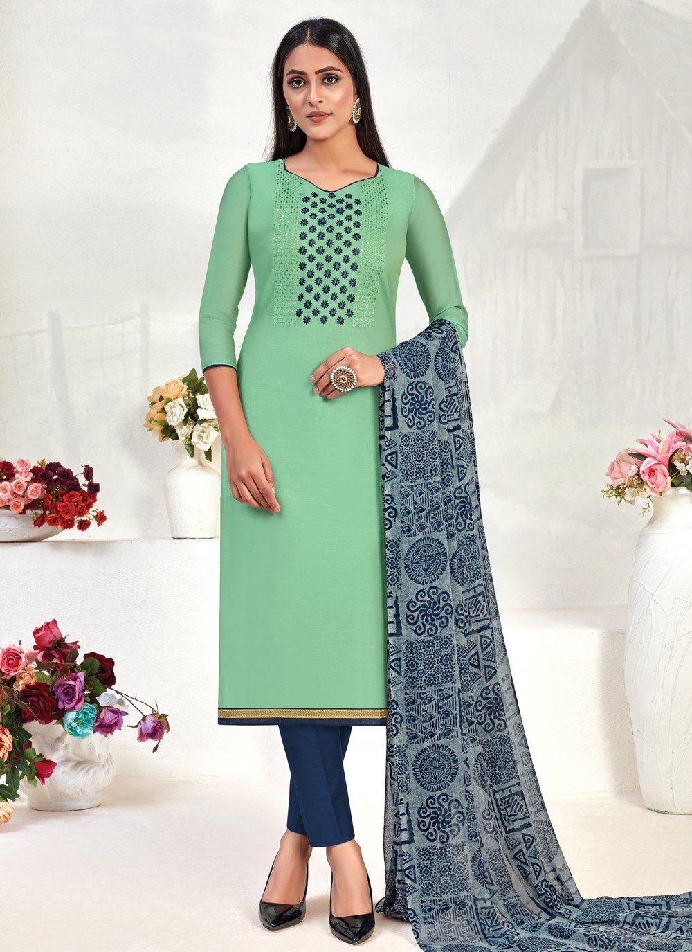 Buy Online Embroidered Chanderi Cotton Pant Style Suit in Green