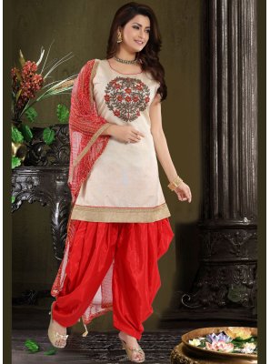 Chanderi Red Embroidered Designer Patiala Suit