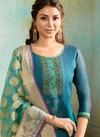 Chanderi Turquoise Embroidered Salwar Suit