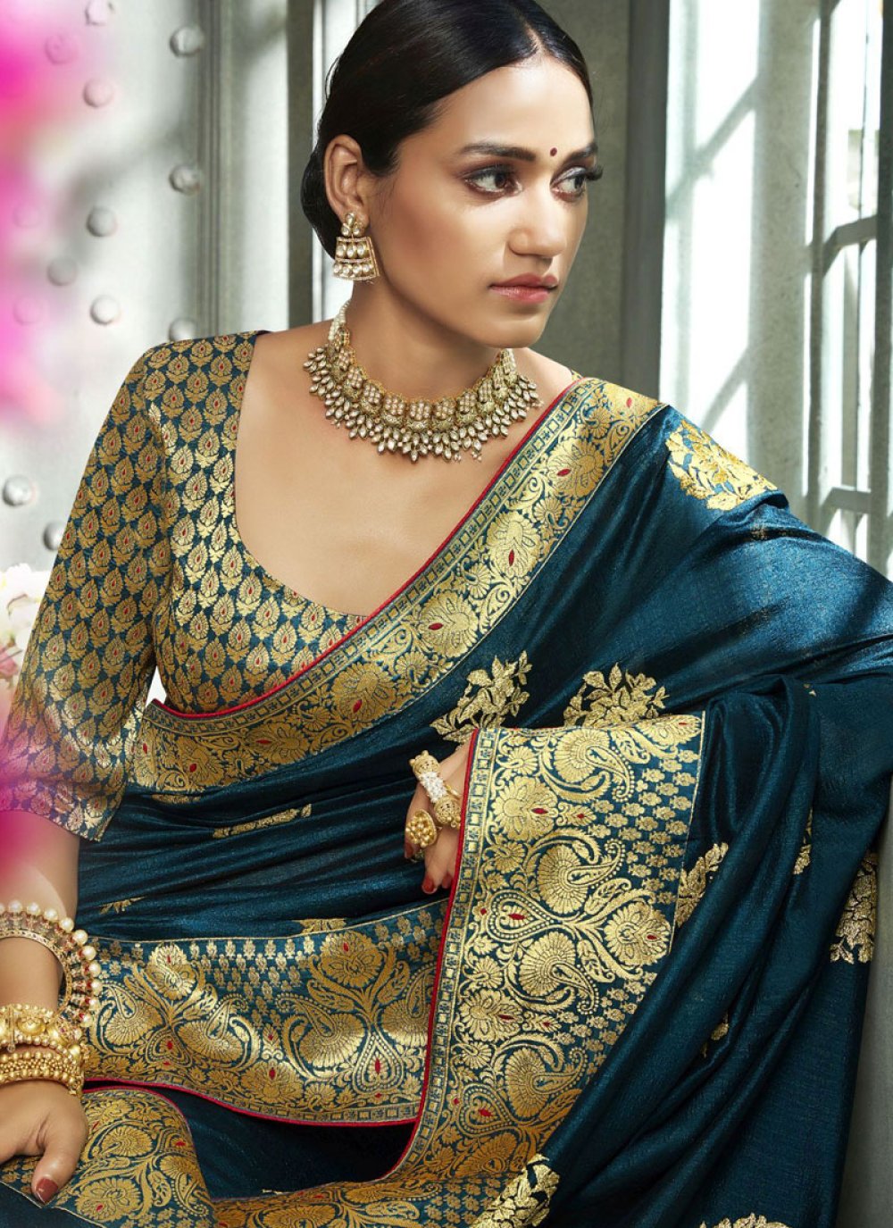 Shop Online Classic Designer Saree Zari Art Silk In Blue 153844 Saree