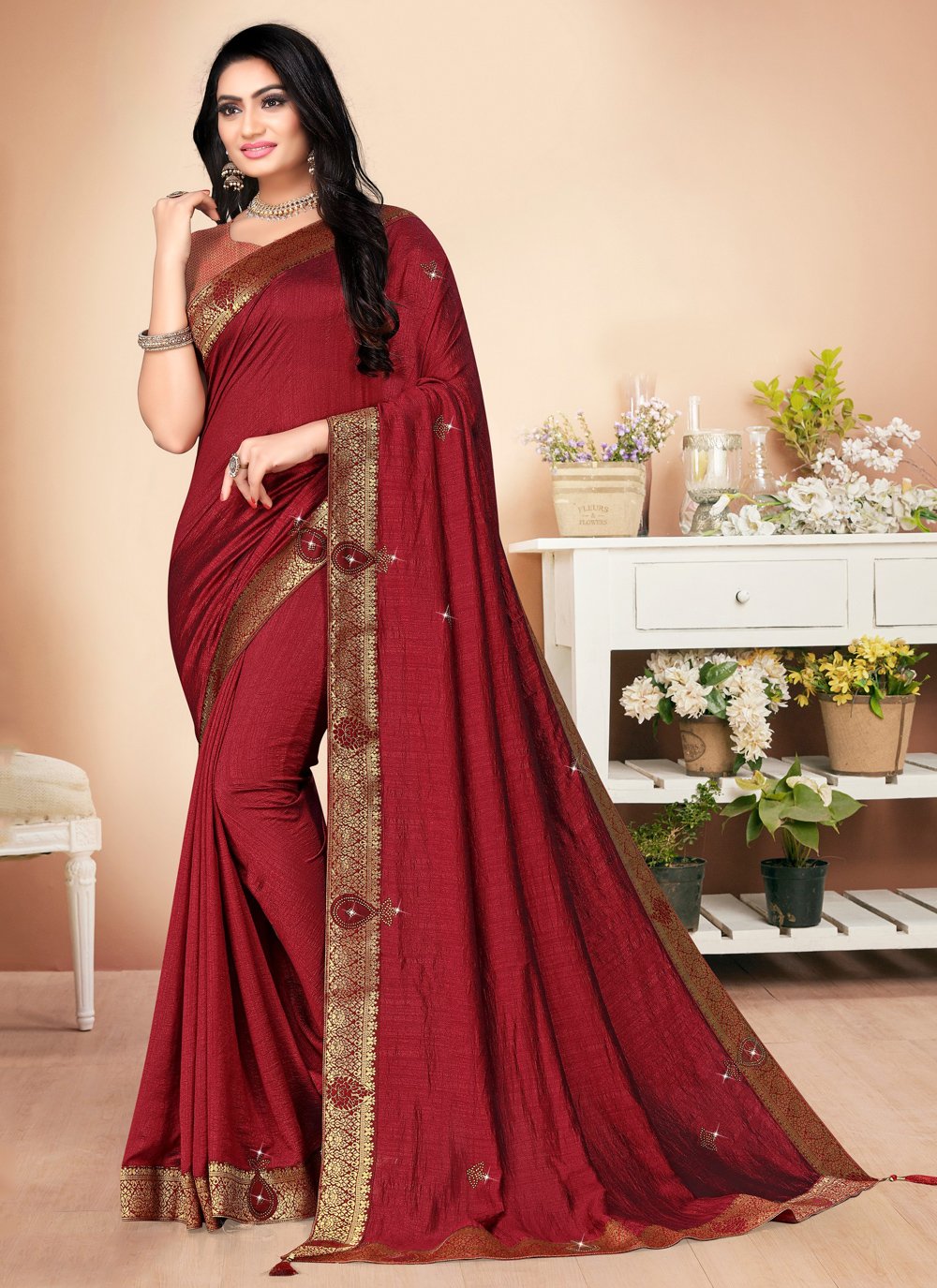 Shop Classic Saree Stone Silk In Maroon Online : 166166