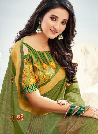 Contemporary Saree Embroidered Cotton in Green