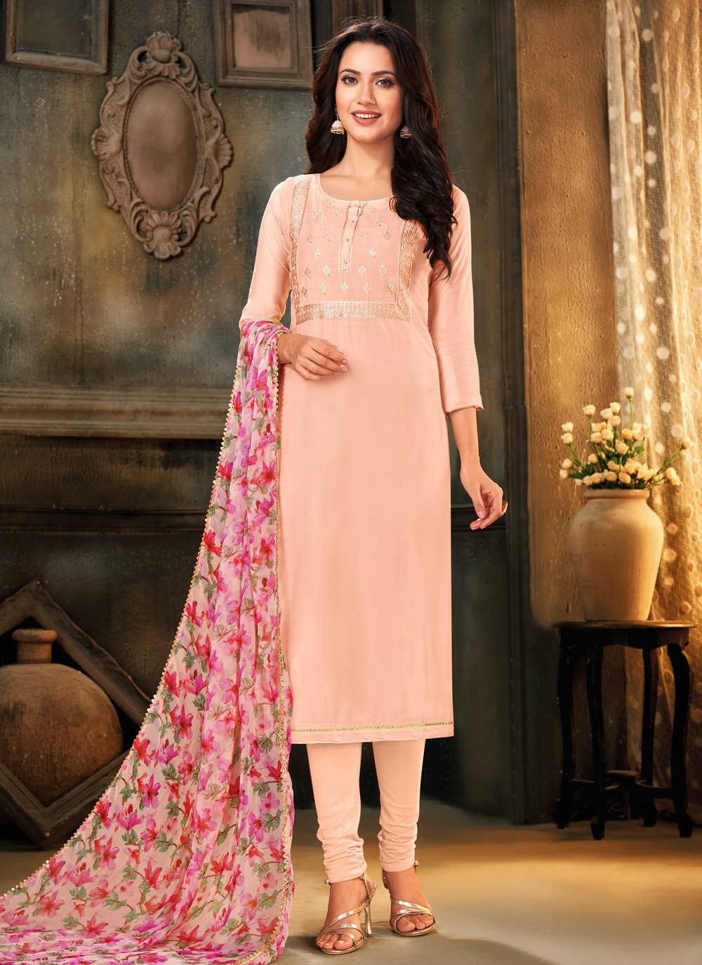 Buy Cotton Designer Salwar Suit in Peach Online : 166947