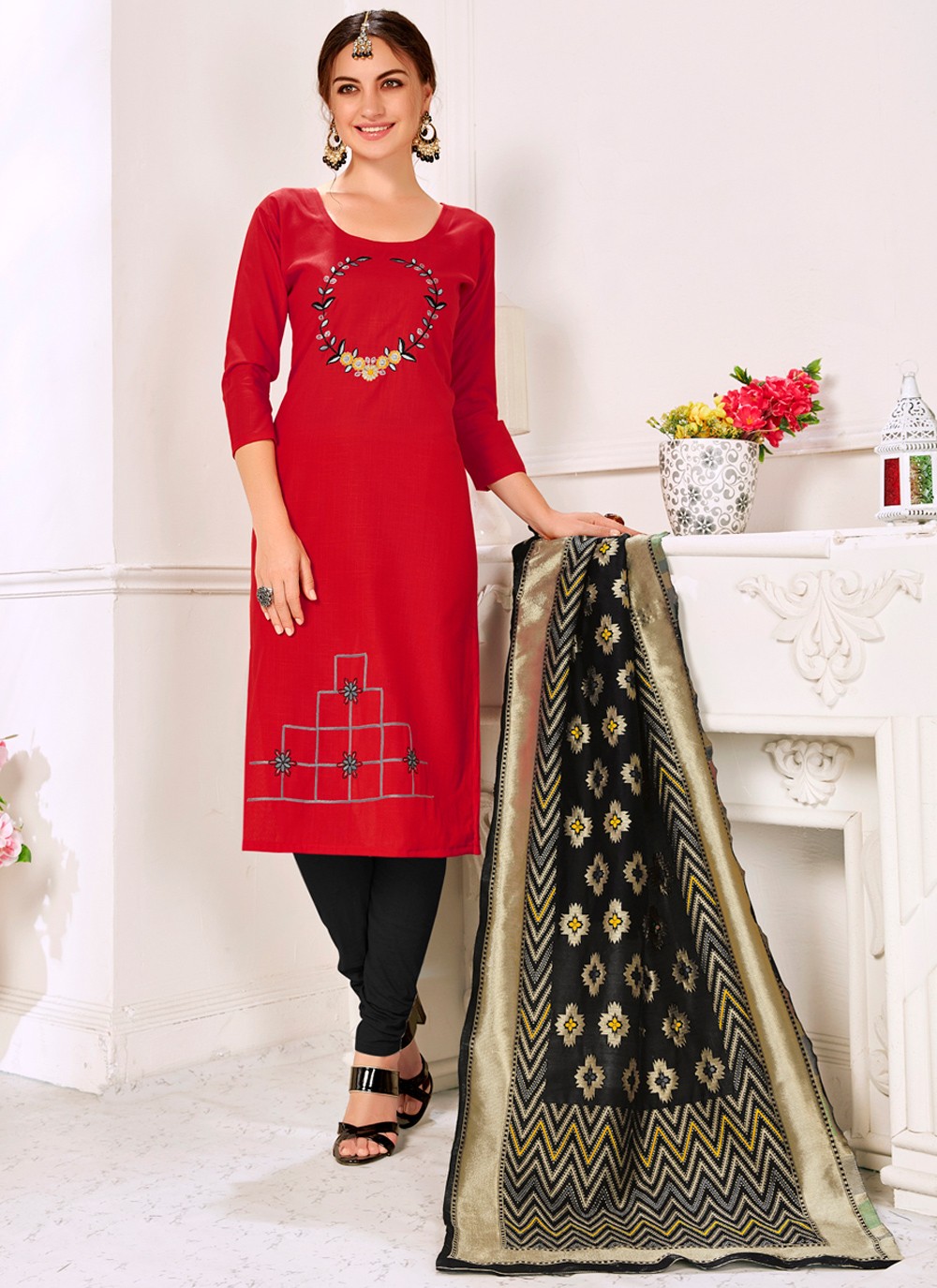 Cotton Embroidered Designer Salwar Kameez in Red