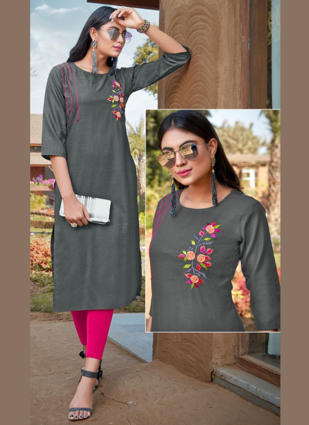 Shop Online Cotton Embroidered Grey Kurta 149770 Kurtis