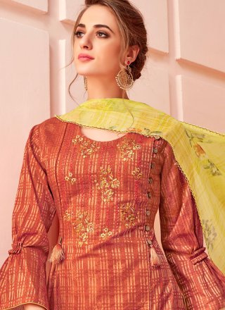 Cotton Embroidered Pant Style Suit in Rust