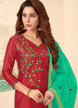 Cotton Embroidered Red Designer Salwar Suit