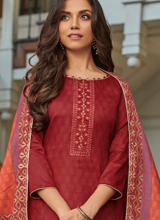 Cotton Maroon Embroidered Pant Style Suit