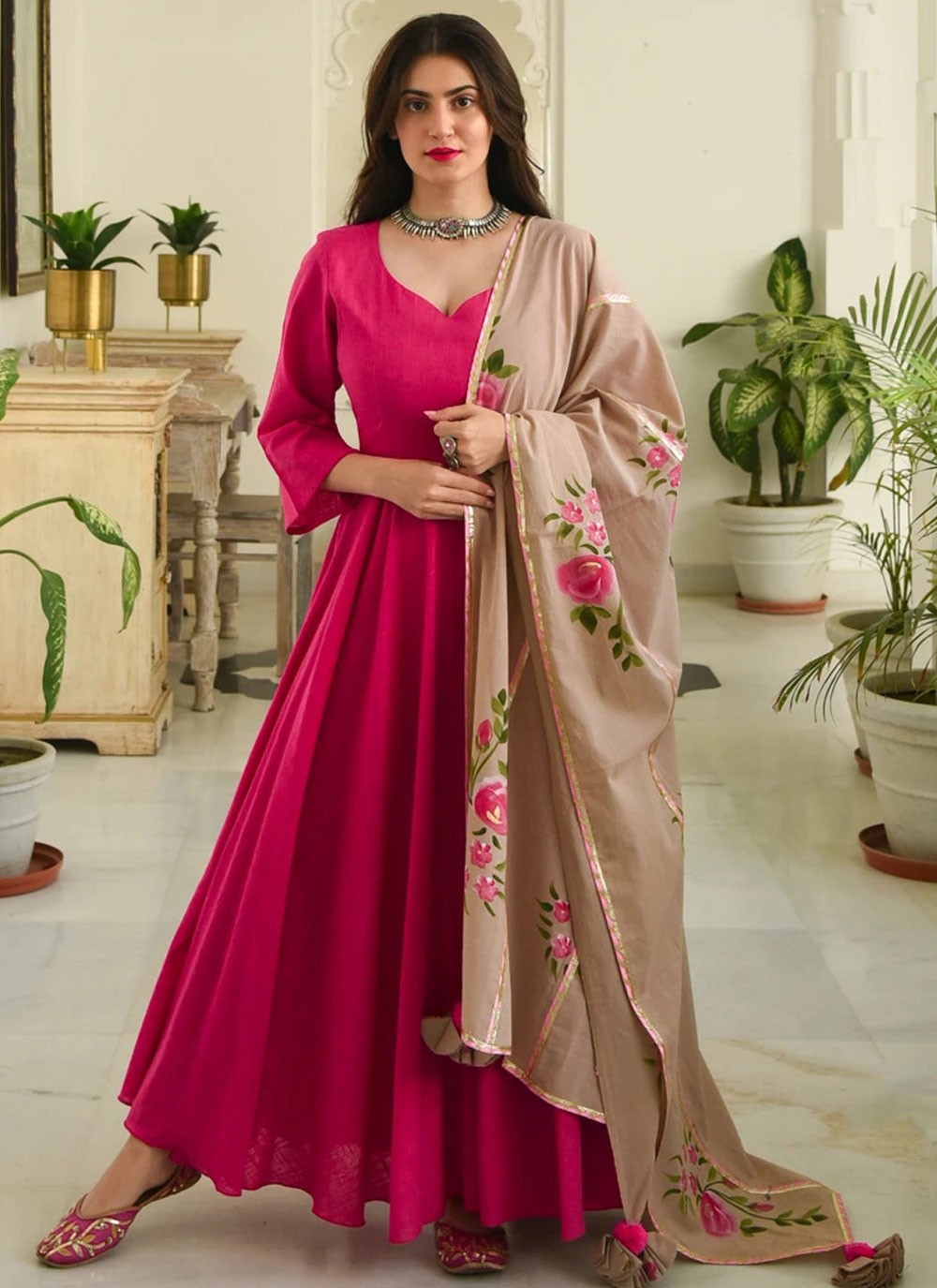 Buy Online Cotton Silk Plain Pink Anarkali Suit : 155609