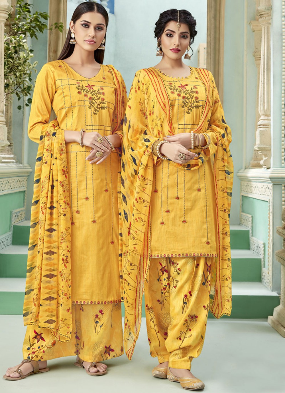 Buy Cotton Thread Yellow Punjabi Suit 142494 Designer Salwar