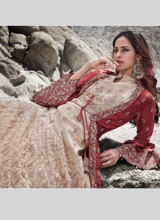 Cream and Red Silk Zari Anarkali Salwar Suit