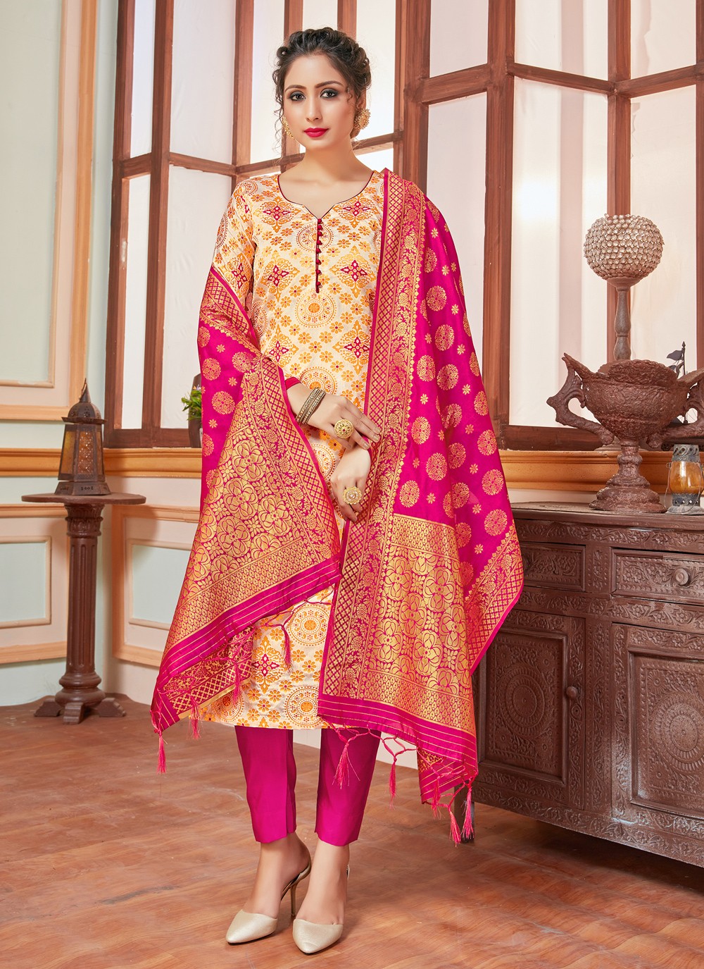 Cream Banarasi Silk Salwar Suit