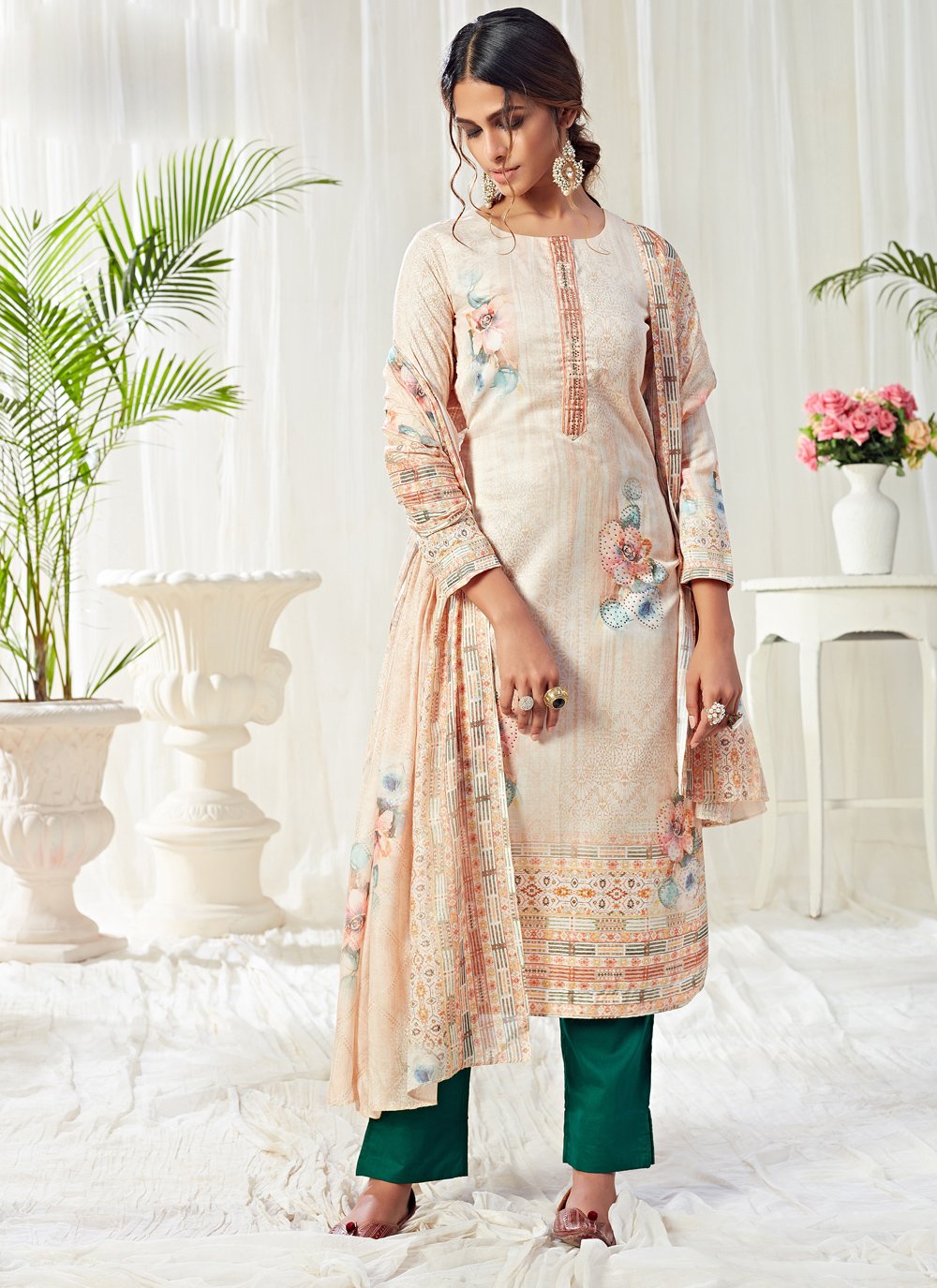 Grey with Lucknowi and Sequins work with Floral Print Salwar Suit with   SeasonsChennai