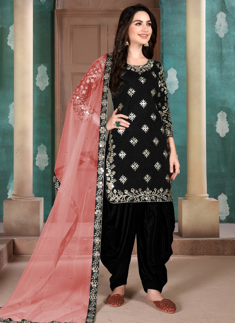 Designer Patiala Salwar Kameez Zari Art Silk in Black
