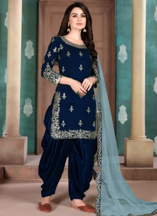 Designer Salwar Kameez Resham Art Silk in Navy Blue