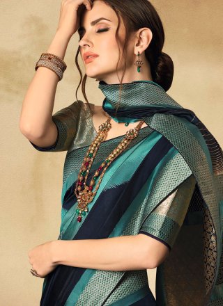 Designer Saree Fancy Jacquard Silk in Navy Blue and Turquoise