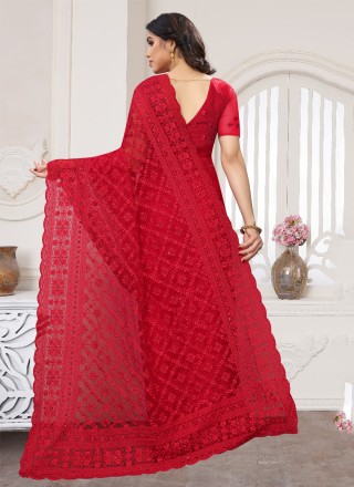 Designer Saree Resham Net in Red